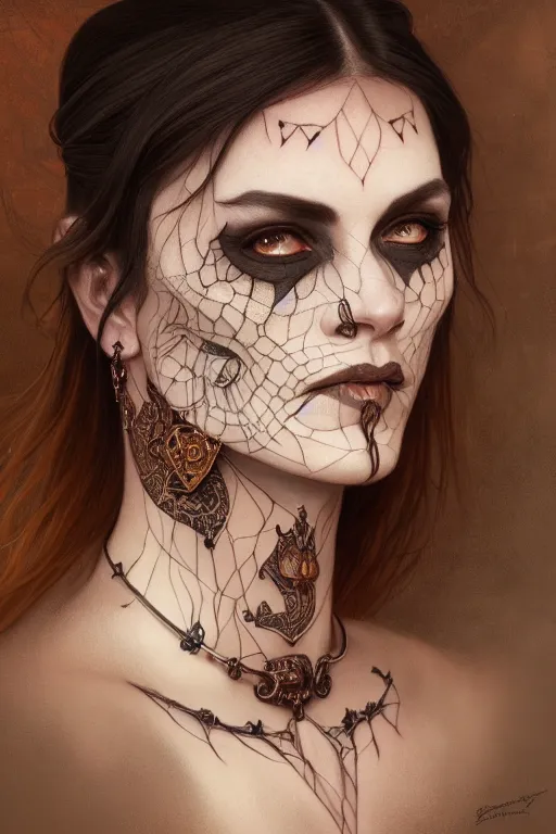 Image similar to portrait of a satanic witch, tattooed face, upper body, decorated, intricate, elegant, highly detailed, digital painting, artstation, concept art, smooth, sharp focus, illustration, art by artgerm and greg rutkowski and alphonse mucha, 8 k