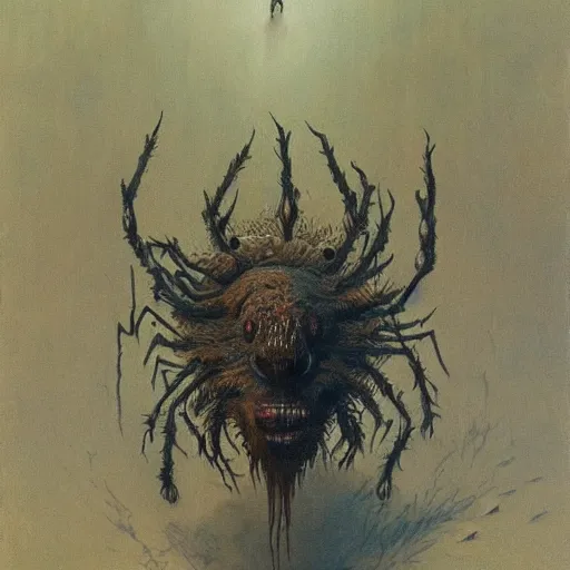 Image similar to horrific grotesque spider and hyena hybrid, beksinski style painting, highly detailed