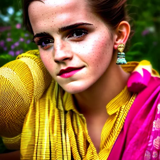 Prompt: close up Portrait of emma watson as beautiful young teen girl wearing assamese bihu mekhela sleeveless silk saree and gamosa in Assam tea garden, XF IQ4, 150MP, 50mm, F1.4, ISO 1000, 1/250s, model photography by Steve McCurry in the style of Annie Leibovitz, face by Artgerm, daz studio genesis iray attractive female, gorgeous, detailed anatomically correct face!! anatomically correct hands!! amazing natural skin tone, 4k textures, soft cinematic light, Adobe Lightroom, photolab, HDR, intricate, elegant, highly detailed,sharp focus
