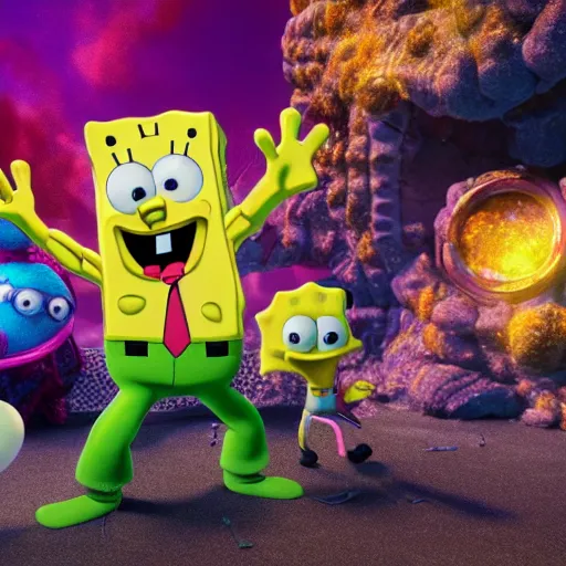 Prompt: A badass photo of spongebob, patrick, squidward in marvel movie, infared photography, 8K, film render, extremely detailed, rendered in Octane, award winning photography