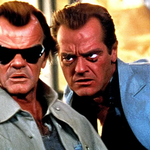 Image similar to Jack Nicholson plays Terminator, epic scene where his inner endoskeleton gets exposed
