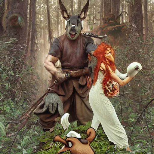 Image similar to Rocky and Bullwinkle in real life, highly detailed, digital fantasy character, painted portrait, artstation, concept art, hard focus, illustrations, insane detail, forest, works by Artgerm and Greg Rutkowski, Alphonse Mucha and Craig Mullins, James Jean, Andrey Ryabovichev, Mark Simonetti and Peter Morbacher, 16k,