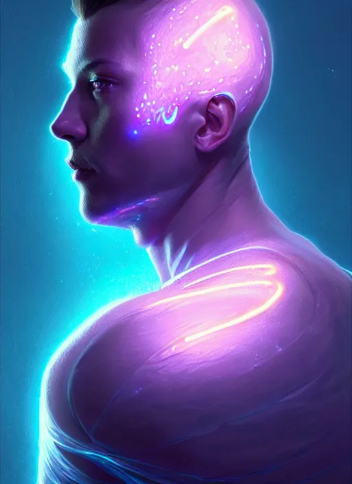 Image similar to a faceless humanoid male liquefied stardust adventurer, dnd fantasy character, full body portrait, glowing neon skin, magical aura, ultra realistic, intricate, elegant, highly detailed, digital painting, artstation, smooth, sharp, focus, illustration, art by artgerm and greg rutkowski and alphonse mucha