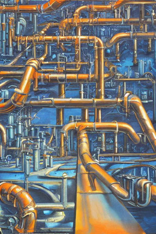 Image similar to oil painting, extra long-view, hight detailed, millions small melting industrial pipes, in style of 80s sci-fi art