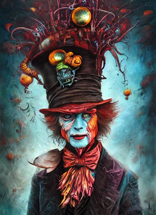 Prompt: mad hatter, alien, highly detailed, cinematic, 8 k, by megan duncanson, benjamin lacombe, adrian borda, stanley artgermm, tom bagshaw, craig mullins, carne griffiths, ayami kojima, beksinski, giger, trending on deviantart, hyper detailed, horror, full of colour