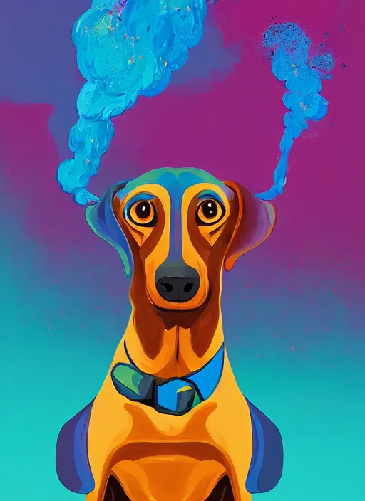 Image similar to a painting of a dachshund facewith its tounge sticking out, with blue and yellow smoke coming out of, a digital painting by petros afshar, behance contest winner, digital art, behance hd, digital illustration, digital painting