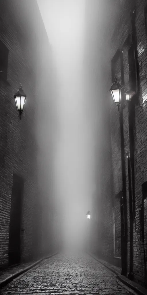 Image similar to night photo: Scary, foggy victorian alley in London with one distant gas light illuminating bloody cobblestones.