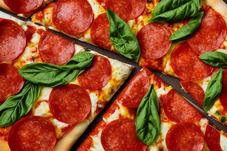 Image similar to a pizza with among us character-shaped pepperoni on top. Food photography, studio photography, highly detailed