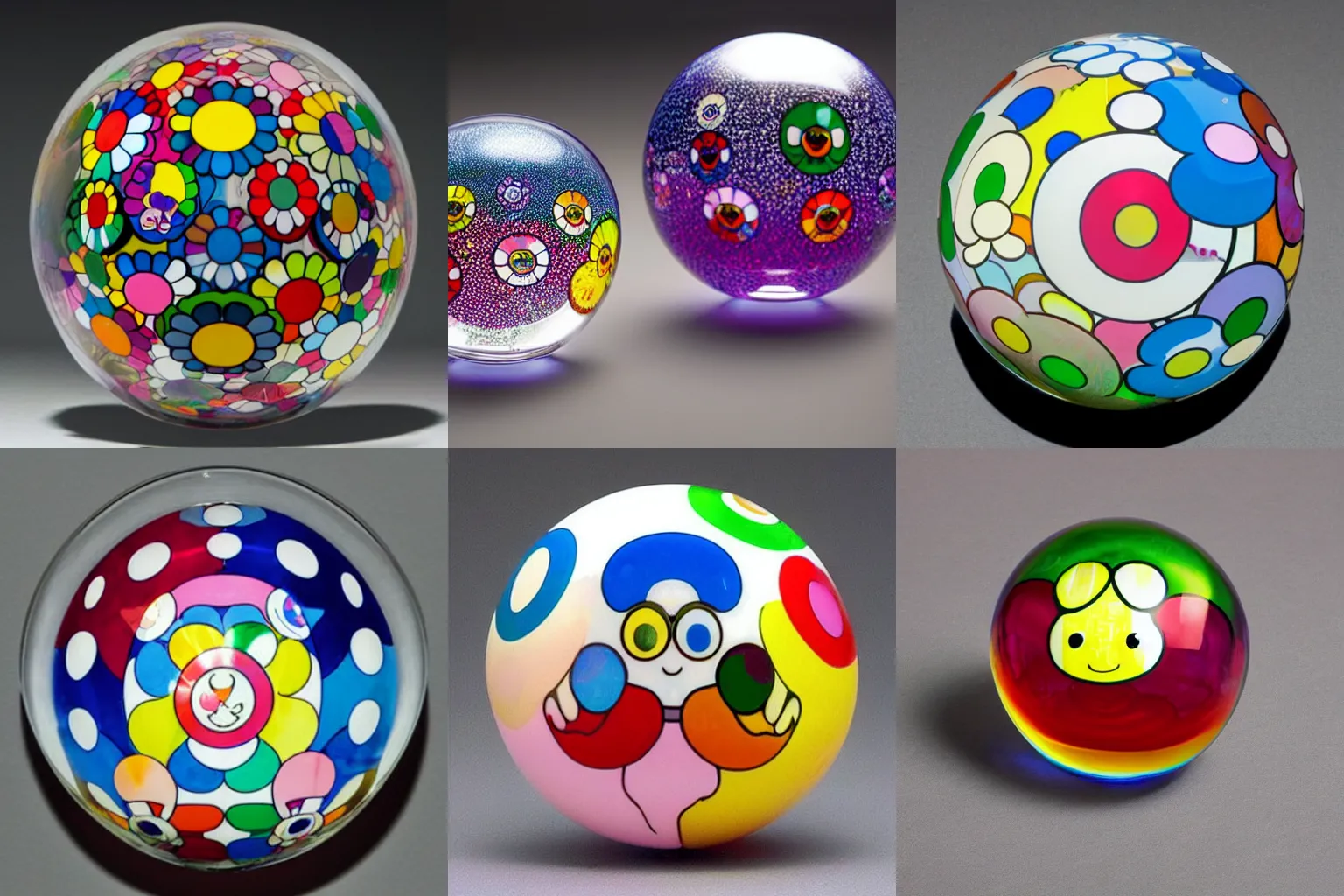 Prompt: single spherical glass soap bubble filled with takashi murakami art