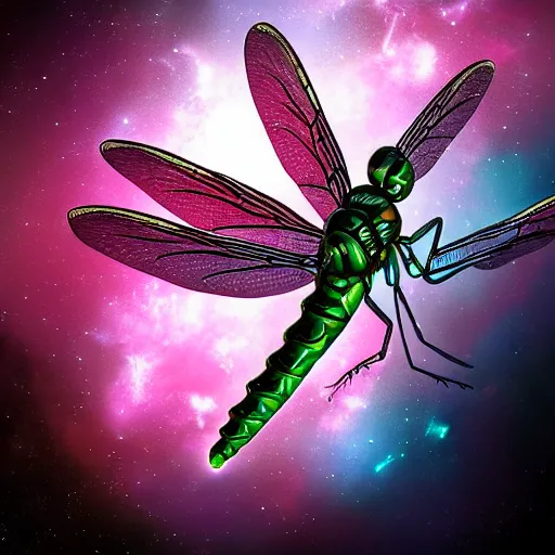 Image similar to a legendary magical dragonfly , digital art , trending on artstation , highly detailed , space nebula background