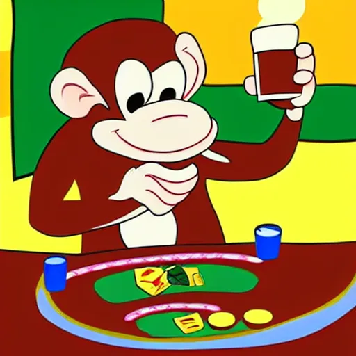 Prompt: cartoon style monkey drinking beer playing poker, cartoon, disney,