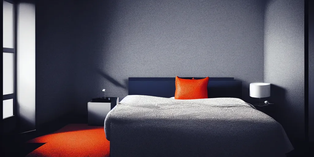 Image similar to luxury bedroom, mads berg, karolis strautniekas, film noir, stippled light, dramatic lighting, editorial illustration, detailed, fine texture, matte print, art deco, brutalism, dark blue + dark orange, red, black, ( ( habitat 6 7 background ) ) 1 0 2 4