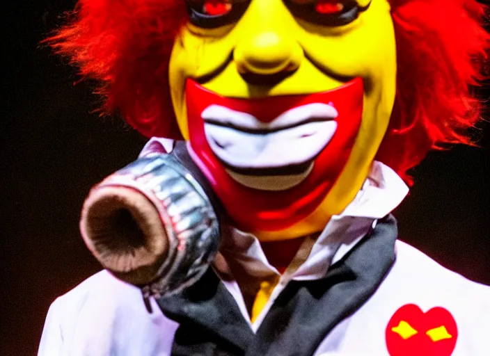 Image similar to publicity photo still of ronald mcdonald wearing a slipknot mask touring with slipknot live on stage, 8 k, live concert lighting, mid shot