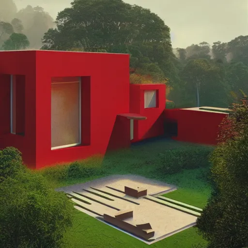 Image similar to futuristic rectangular red house with courtyard and flat roof, on a hill surrounded by big trees, dramatic lighting, artstation, matte painting, raphael lacoste, simon stalenhag, frank lloyd wright, zaha hadid, drone view