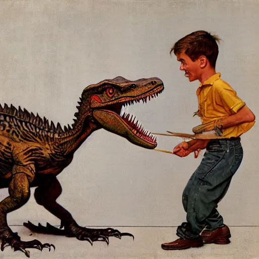 Image similar to a Norman Rockwell painting of a boy and his dinosaur velociraptor