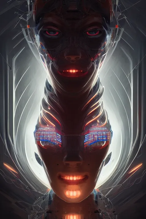 Prompt: professional concept art symmetrical portrait of a horrendous robotic fractal species in a dark room by artgerm and greg rutkowski. an intricate, elegant, highly detailed digital painting, concept art, smooth, sharp focus, illustration, in the style of cam sykes.