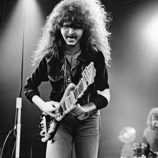 Prompt: 19-year-old girl wearing double denim, thick shaggy hair, permed hair, holding electric guitar, 1971, proto-metal concert, live at Royal Albert Hall, concert lighting