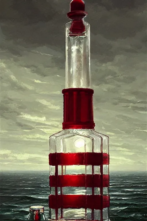 Prompt: a red and white lighthouse inside a clear bottle, very fancy whiskey bottle, masterpiece painting by greg rutkowski and daytoner
