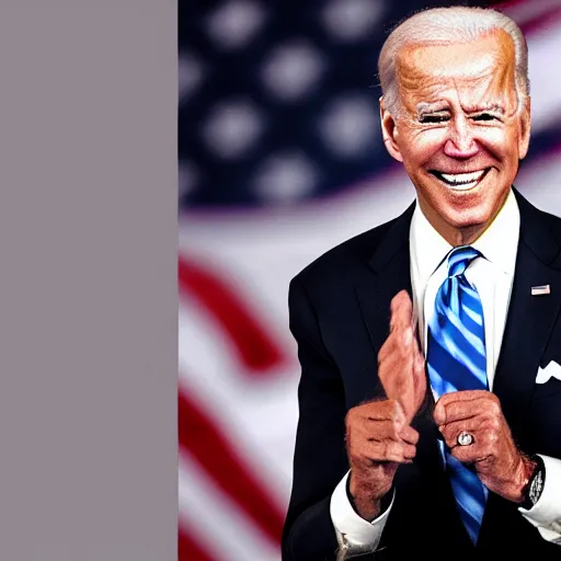 Image similar to Joe Biden with glowing eyes, sinister, evil, laughing, smiling, dark