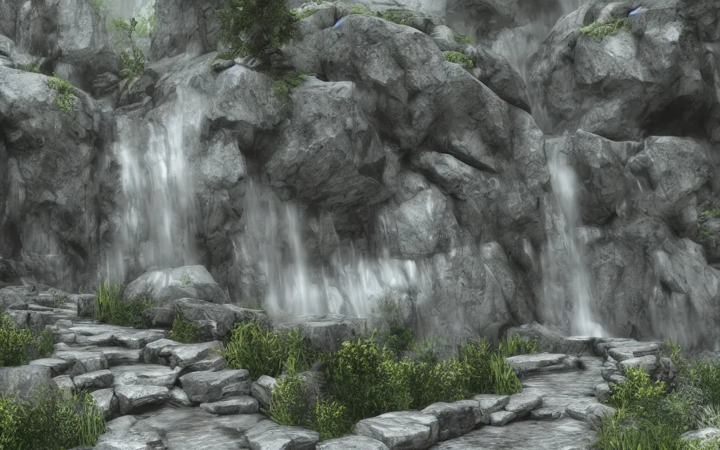 Prompt: a waterfall that flows from a large mountain, a path composed of stone arches, rain, fog, gray clouds. skyrim render realistic