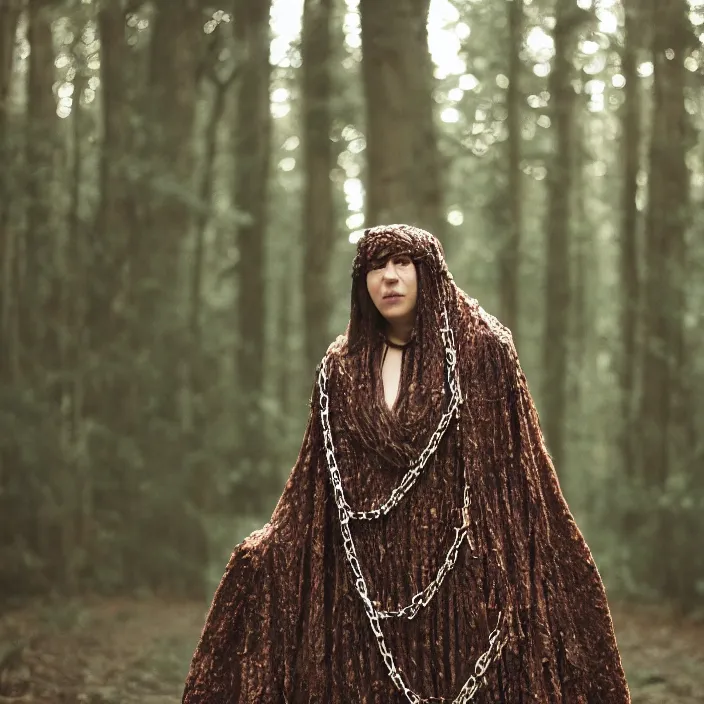 Prompt: a woman wearing a cloak made of chains, in a forest, by Charlotte Grimm, CANON Eos C300, ƒ1.8, 35mm, 8K, medium-format print