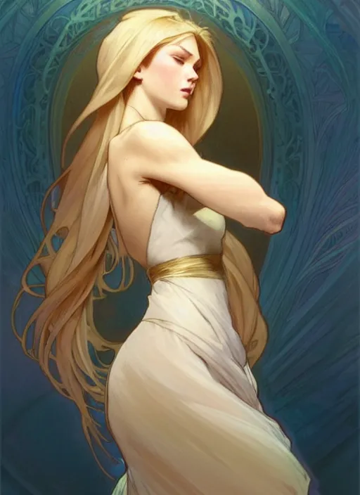 Image similar to digital character concept art by artgerm and greg rutkowski and alphonse mucha. clear portrait of a modern young wife blessed by god to uncontrollably grow overwhelmingly perfect!! blonde, in clothes! feminine well - formed holy body!! light effect. hyper detailed, glowing lights!! intricate, elegant, digital painting, artstation, smooth, sharp focus