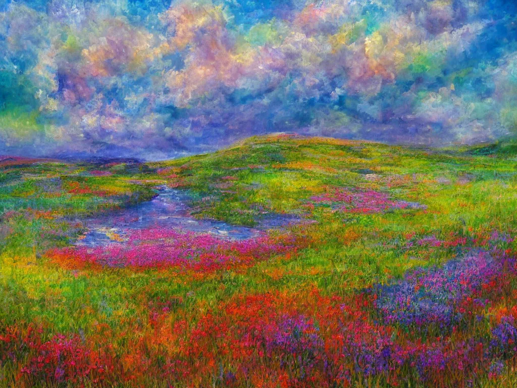 Image similar to an impressionist painting of a gorgeous meadow filled with colorful mushrooms with a stream flowing through it, psychedelic colors, colorful sky in background, high detail, trending on artstation