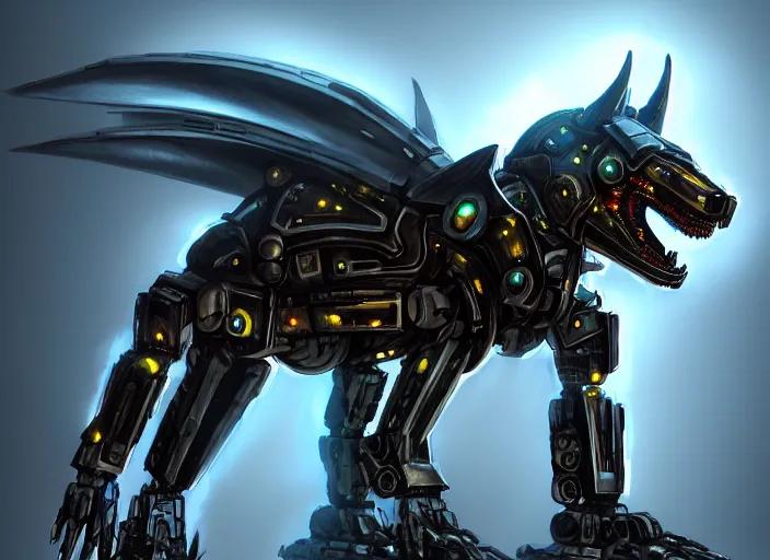 Image similar to hyper realistic, epic, highly detailed cinematic shot of a gigantic feral robot mecha canine, sharp dragon claws, detailed glowing head, metal ears, cannon mounted on back, sleek armor, glowing visor, detailed sharp claws, digital art, furry art, macro art, dragon art, furaffinity, deviantart, sofurry