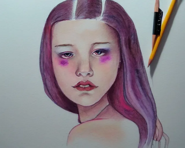 Image similar to a girl with the ice cream watercolor colored pencil painting trending on artstation