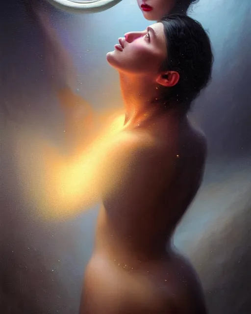 Image similar to a hyper - detailed 3 d render like a oil painting of a person reaching for their ideal self in the magic mirror, surrealism!!!!! surreal concept art, lifelike, photorealistic, digital painting, aesthetic, smooth, sharp focus, artstation hd, by greg rutkowski, bruce pennington, valentina remenar and asher duran,