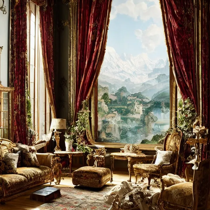 Prompt: photo of a fantastical baroque living room with switzerland landscape in the window in the style of maximalism