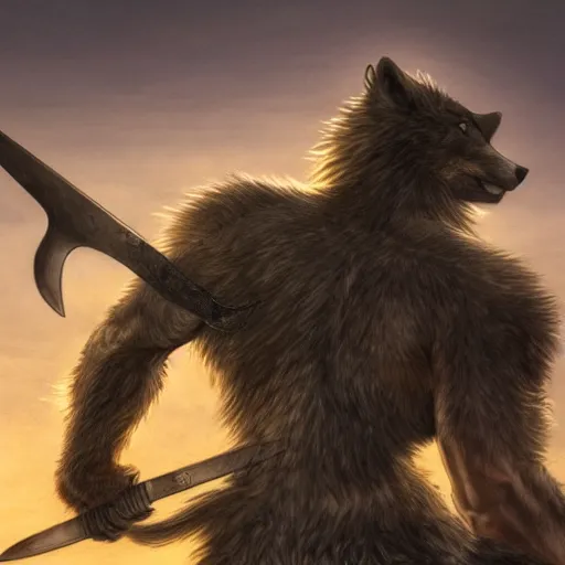 Image similar to muscular anthropomorphic gray wolf barbarian looking out into the sunset stabbing the ground with his sword while his hair blows in the wind, detailed, 4K, drawn by Yoshitaka Amano