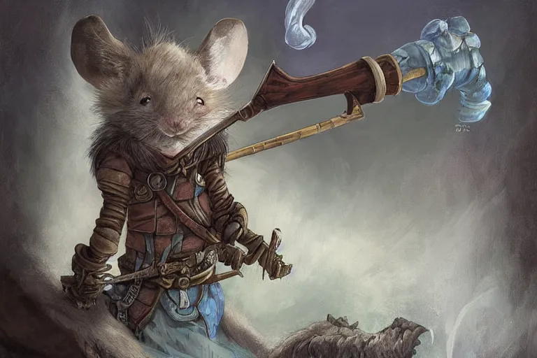 Image similar to dungeons and dragons fantasy painting, portrait of an ahigaru mouse with a matchlock, tanegashima, whimsical and cute, determined expression, watery eyes, anime inspired by krenz cushart, light grey fur, tufty whiskers, feathered arrows, bamboo forest, dawn lighting, by brian froud jessica rossier and greg rutkowski