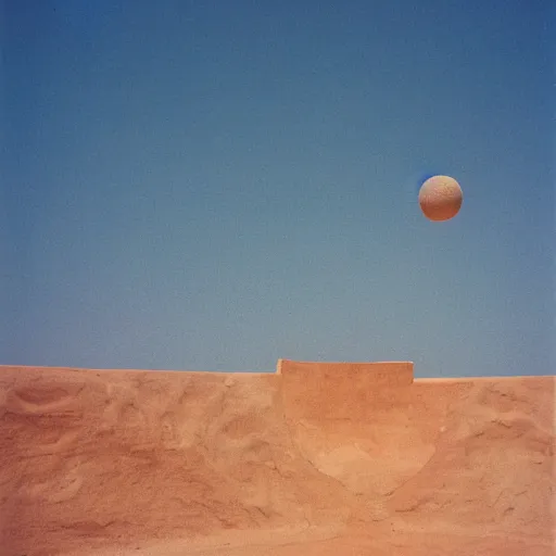 Prompt: a Non-Euclidean orb-like clay building sitting in the desert, vintage photo, beautiful cinematography, blue sky, film grain, extreme wide shot, far away, symmetrical, in the distance, James Turrell