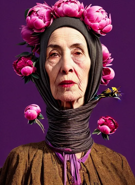 Prompt: many peonies, flower buds, birds on hight detailed background, portrait of a old woman with red gloss helmet on fase, tuareg, nomads, vultures, dark background, purple colour scheme, full length, masterpiece, dark background, art by giger, cinestill, moviestill, bokeh, artstation