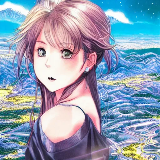 Prompt: beautiful girl looking from the edge of the mountain on the giant night city below, midnight, highly detailed colored manga page, illustration by diego facio, hyper realism