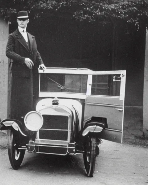 Image similar to 1 9 2 0 s photo of a person standing next to a tesla car