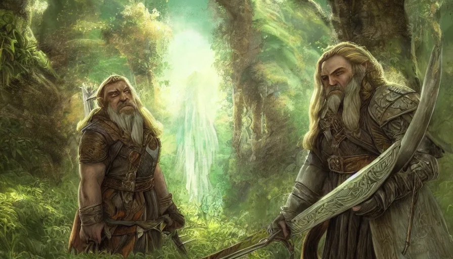 Image similar to the dwarf gimli and the elf legolas in lothlorien, realm of galadriel, artwork, artstation, beautiful setting