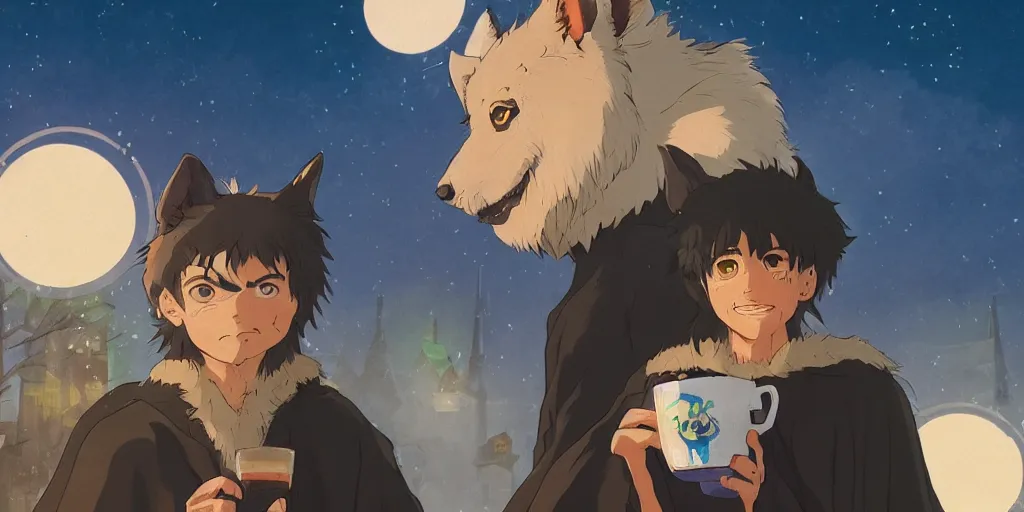 Image similar to a two german shepherds beast - men, holding a mug of beer, a lot of pockets, fur cape, tavern background, magical, bright, colorful, fantastic lighting, amazing details, 4 k uhd, illustration by hayao miyazaki and makoto shinkai and ilya kuvshinov, artstation, pixiv,