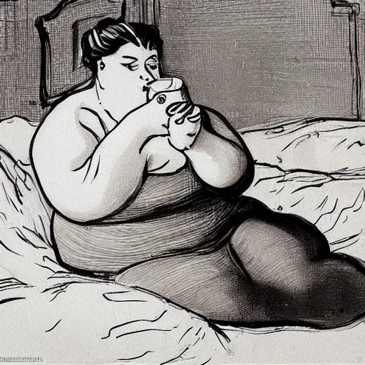Prompt: a beautiful fat woman drinking coffee in a bed with white sheets drinking coffee in the style of telous lautrec
