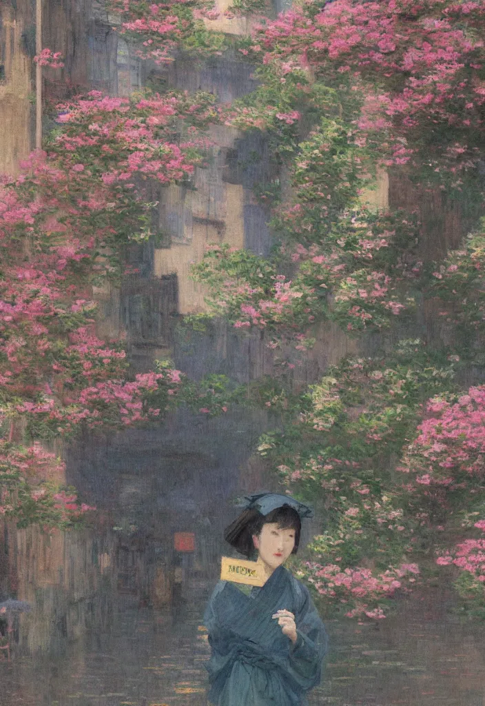 Image similar to a beautiful japanese city near the sea, amazing ryokans and gorgeous edo era houses, cyberpunk, lofi vibe, colorful, vivide colors, oil painting in impressionist style, by jeremy lipkin, by claude monet, by makoto shinkai, multiple brush strokes, inspired by ghibli, masterpiece, beautiful