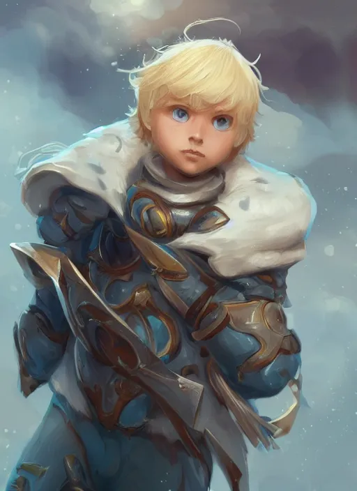 Image similar to a highly detailed illustration of cute little blonde blue eyes boy, wide eyed adventurous pose, intricate, elegant, highly detailed, centered, digital painting, artstation, concept art, smooth, sharp focus, league of legends concept art, WLOP