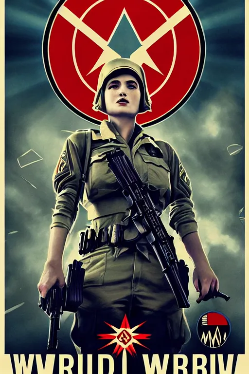 Image similar to beautiful cinematic world war 3 screen printing poster, hybrid from Obey and art direction by Shepard Fairey ;by artgerm; wayne reynolds art station; cinematic quality character render; low angle; ultra high quality model; production quality cinema model;