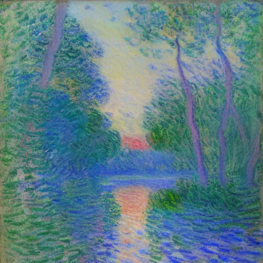 Image similar to impressionistic oil painting, monet, trees and river in the early evening, pastels