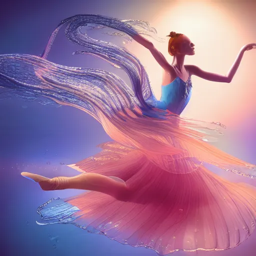 Image similar to a beautiful hyperdetailed rendering of a beautiful underwater ballerina lyrical dancer with flowy dress like a beta fish fins, weightless, flowy, deep color, fine bubbles, cryengine, 8 k, extreme detail, realism, realistic, surrealist