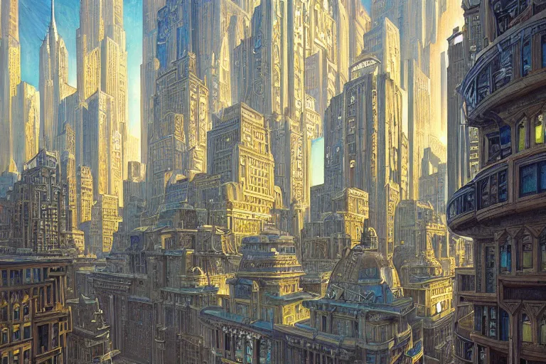 Image similar to beautiful painting of an art deco city, glowing windows. reflective detailed textures, elaborate geometric ornament and brushed steel, highly detailed dark fantasy science fiction painting by donato giancola and peter mohrbacher and nicholas roerich and diego rivera, silver and cool colors. artstation