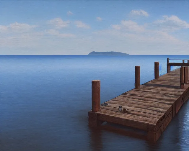 Prompt: fine art painting of a long wooden dock overlooking a tranquil blue sea, artstation, cgsociety, very detailed, intricate, masterpiece