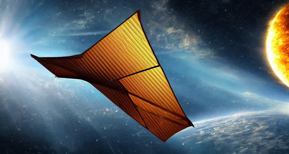 Image similar to solar sail, floating in space between the sun and earth, artstation