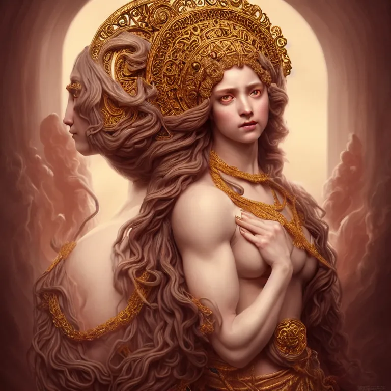 Prompt: renaissance style a wonderful female goddess with a wonderful face and realistic arms and hands and realistic 5 fingers and realistic body with long intricate hair with a beautiful porcelain symmetrical body dressed with a majestic warp ornate cream long cotton dress, hightly ornate, intricate, detailed, dramatic light, cinematic, award winning, octane render, tom bagshaw style