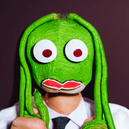 Prompt: mister bean as a green string bean with a face. dslr